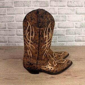 Justin Bent Rail Western Boots Cross Embroidered Distressed Brown Womens 7.5 B